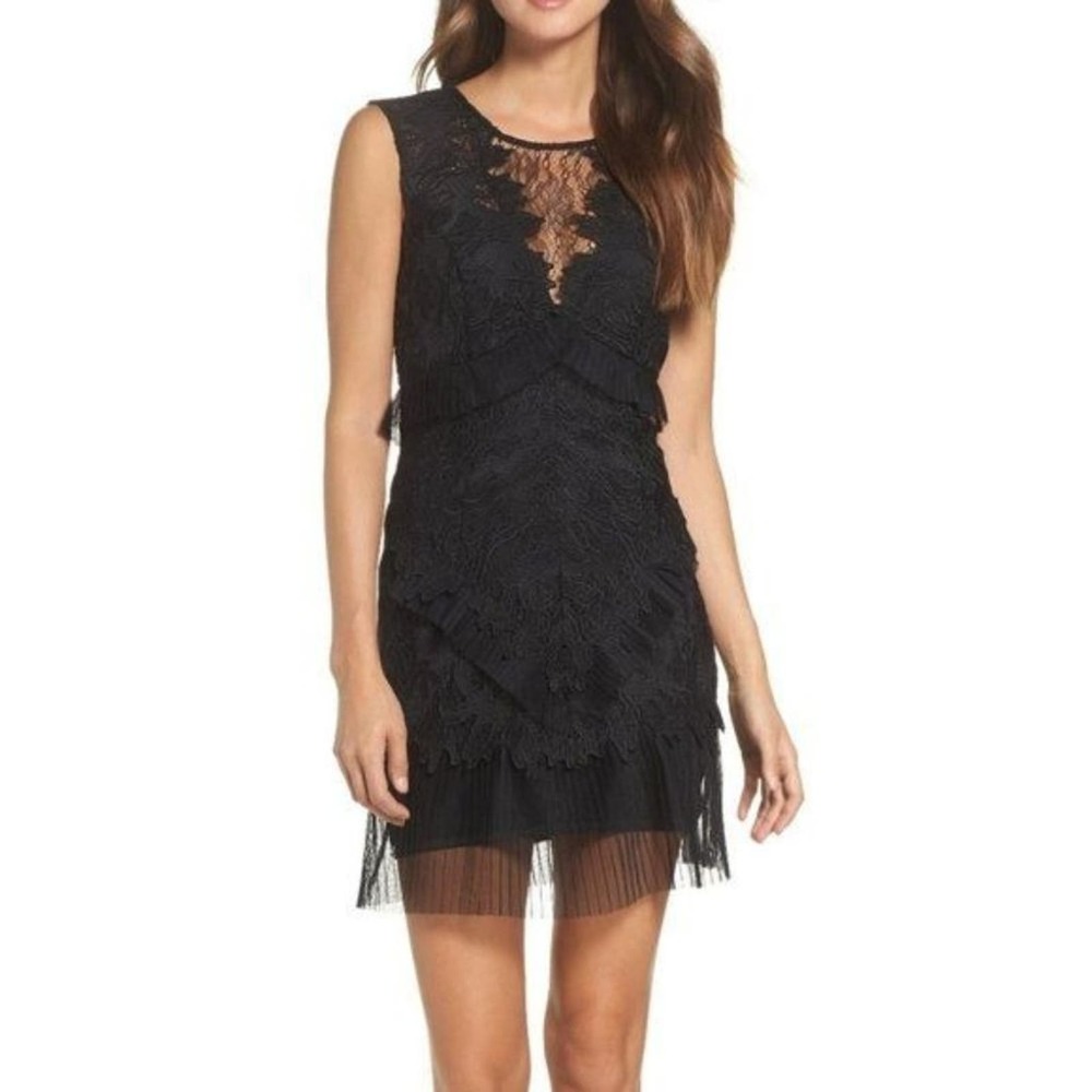 BARDOT Ruffle Trim Lace Sheath Dress In Black, 6 - NWOT